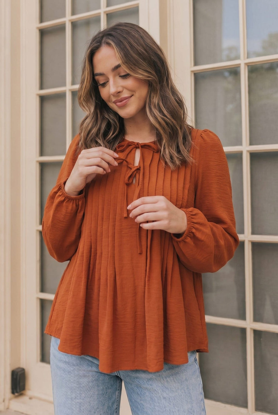 Sipping Apple Cider Tie Neck Blouse - Nikki &amp; Co. Boutique