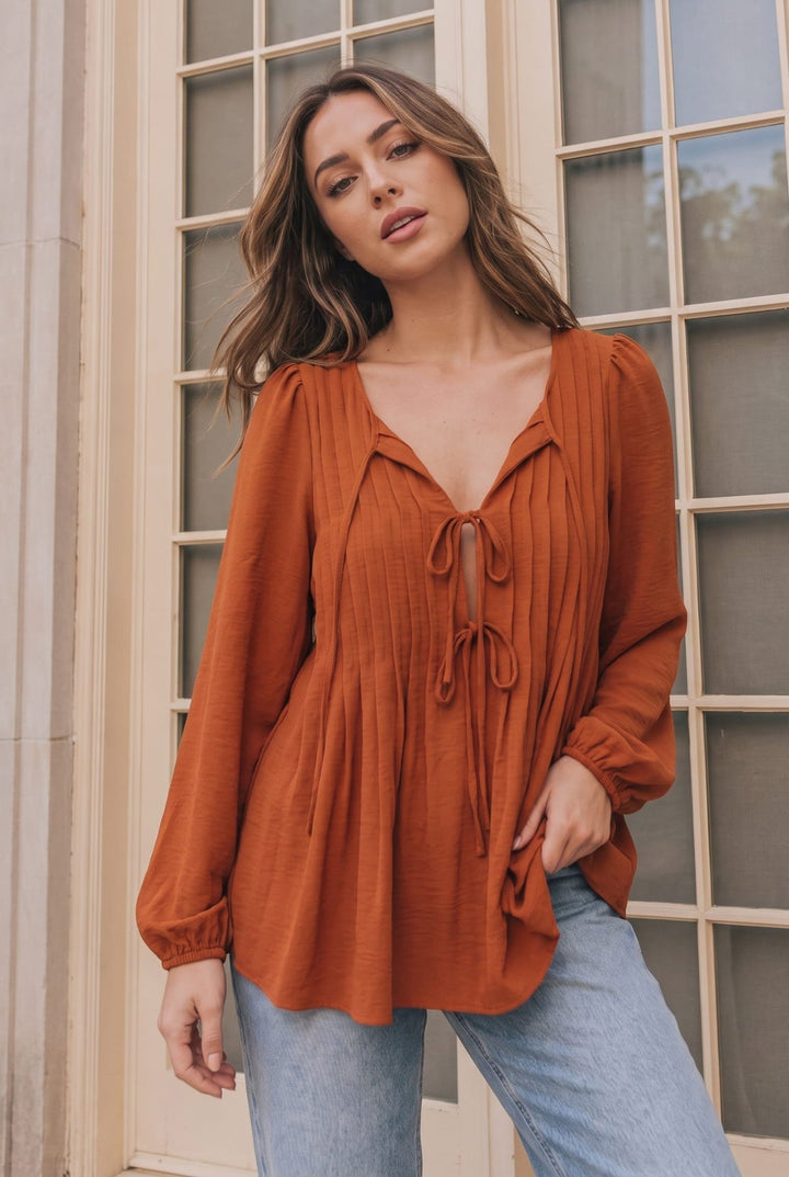 Sipping Apple Cider Tie Neck Blouse - Nikki &amp; Co. Boutique