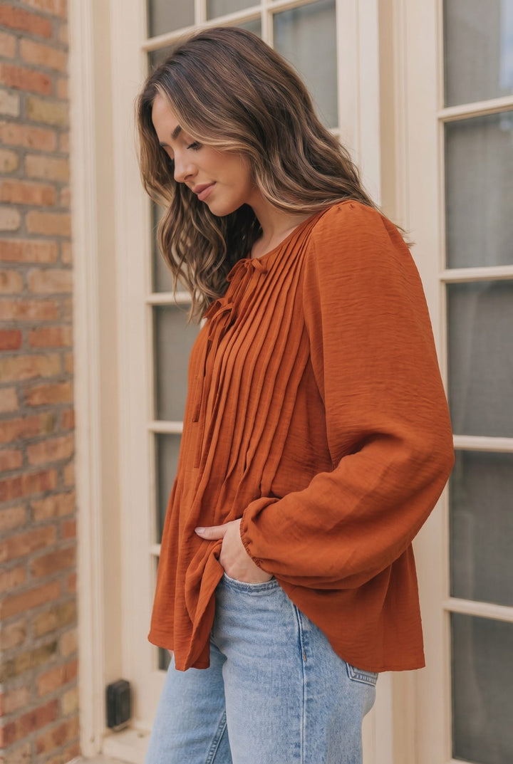 Sipping Apple Cider Tie Neck Blouse - Nikki &amp; Co. Boutique