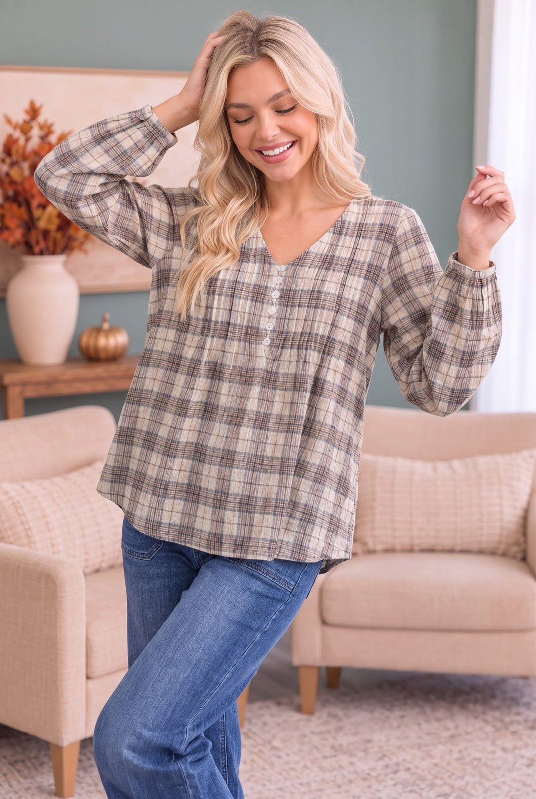 All in Check Pintuck Button Front Blouse - Nikki &amp; Co. Boutique