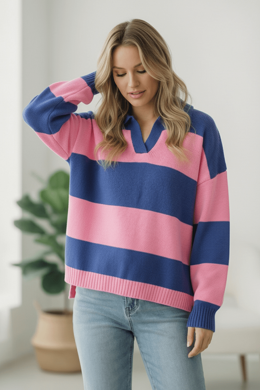I'll Be On The Sidelines Blue and Pink Sweater | Nikki & Co. Boutique