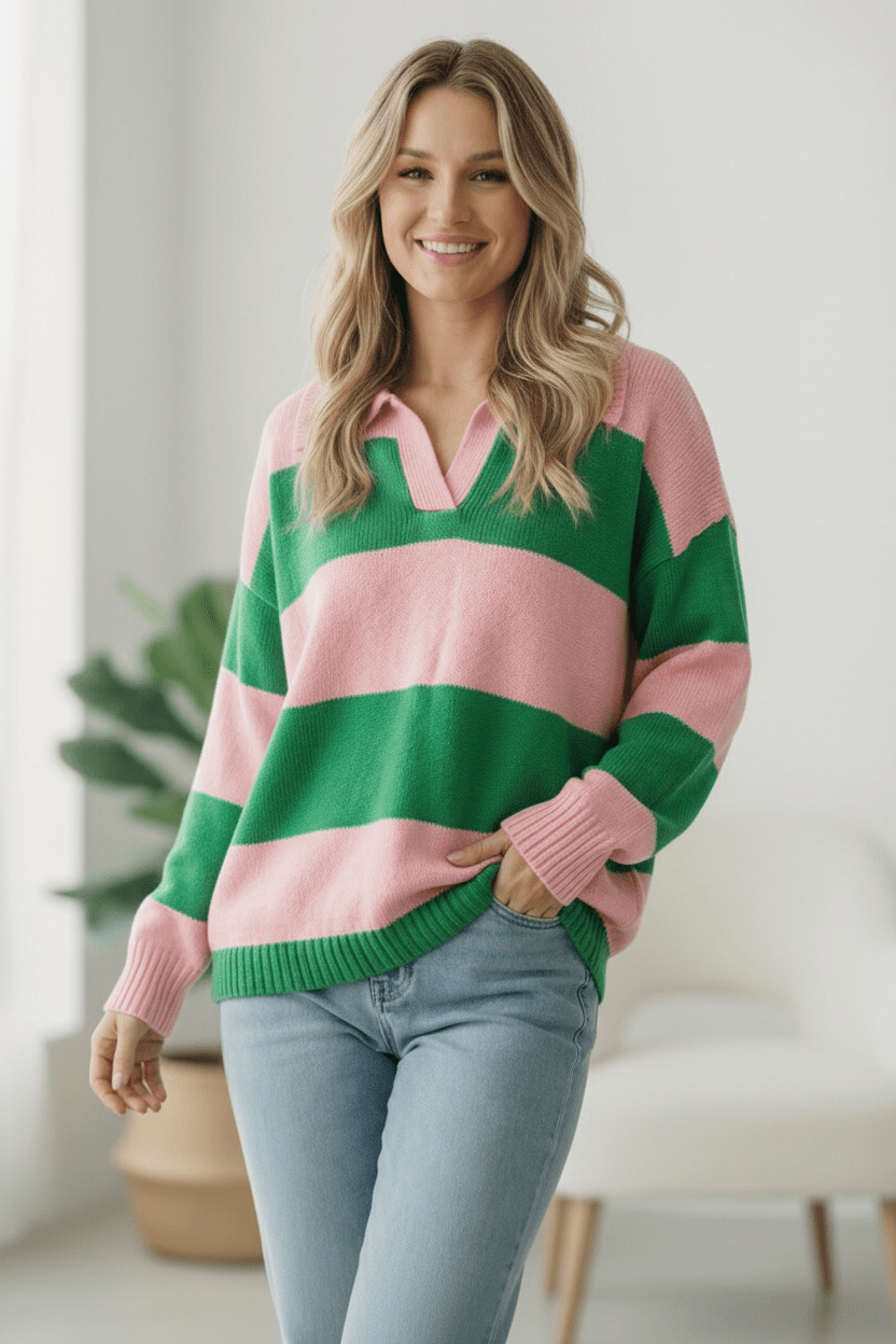 I'll Be On The Sidelines Green and Pink Sweater | Nikki & Co. Boutique