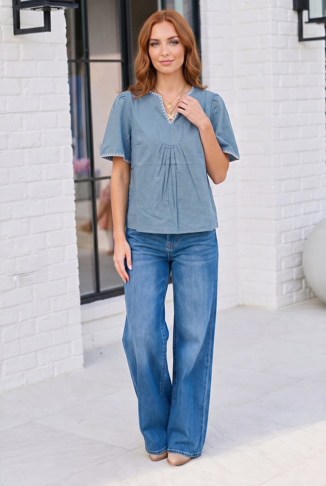 Dusty Blue Dreams Embroidered V-Neck Top - Nikki &amp; Co. Boutique