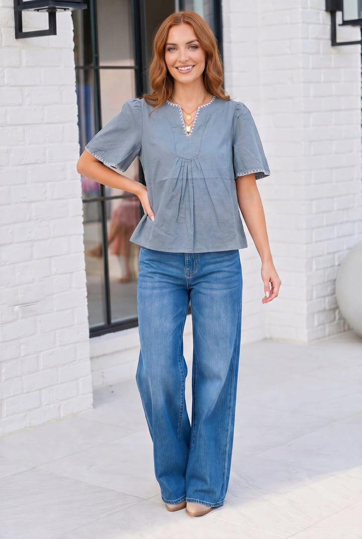Dusty Blue Dreams Embroidered V-Neck Top - Nikki &amp; Co. Boutique