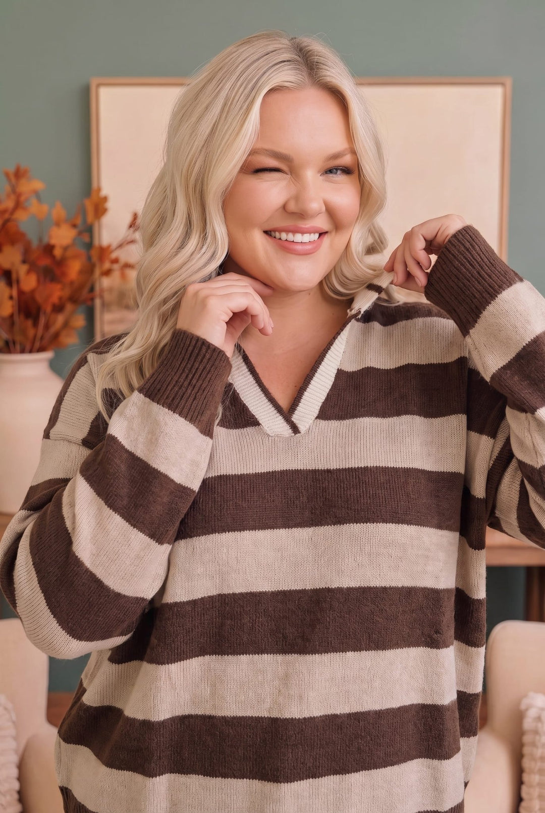 Haptics Brown &amp; Cream Striped Hooded Sweater - Nikki &amp; Co. Boutique