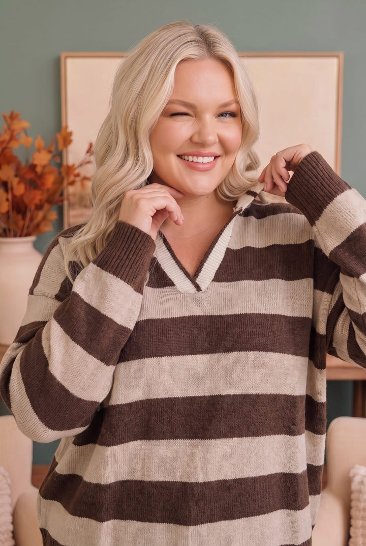 Haptics Brown &amp; Cream Striped Hooded Sweater - Nikki &amp; Co. Boutique