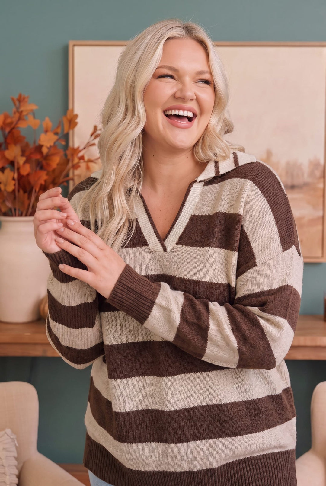 Haptics Brown &amp; Cream Striped Hooded Sweater - Nikki &amp; Co. Boutique