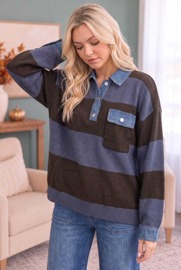 Blueberry Fields Striped Denim Collar Sweater - Nikki &amp; Co. Boutique
