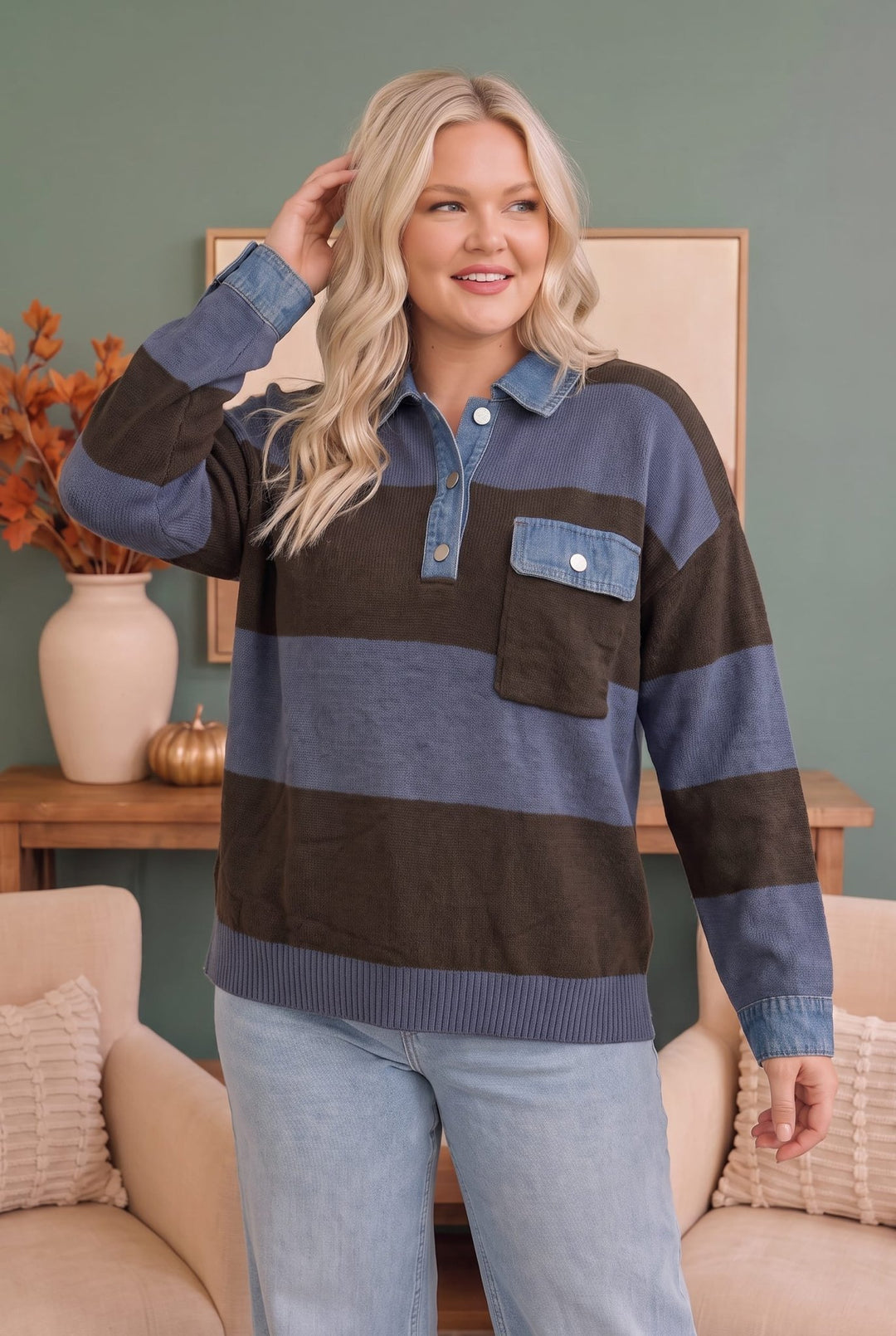 Blueberry Fields Striped Denim Collar Sweater - Nikki &amp; Co. Boutique