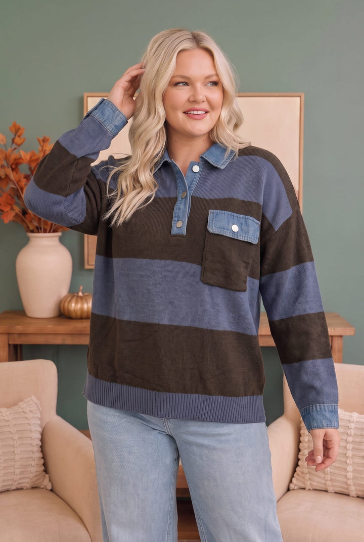 Blueberry Fields Striped Denim Collar Sweater - Nikki &amp; Co. Boutique
