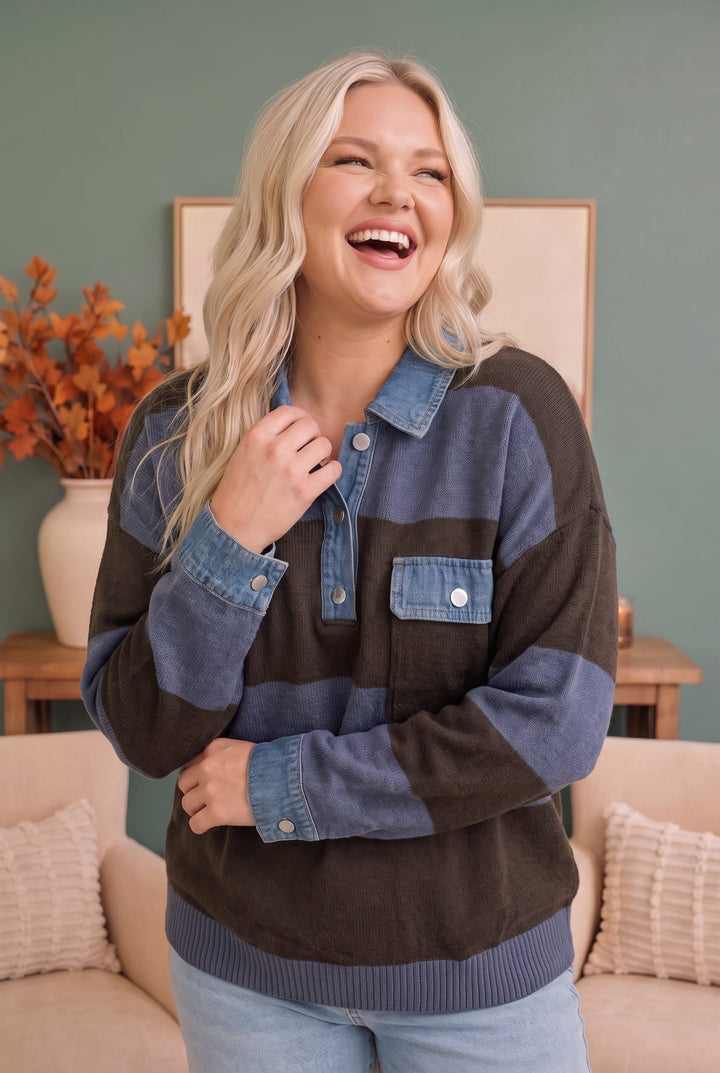 Blueberry Fields Striped Denim Collar Sweater - Nikki &amp; Co. Boutique