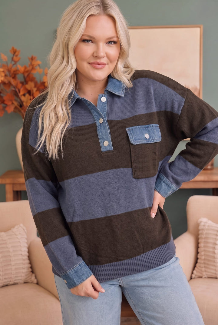 Blueberry Fields Striped Denim Collar Sweater - Nikki &amp; Co. Boutique