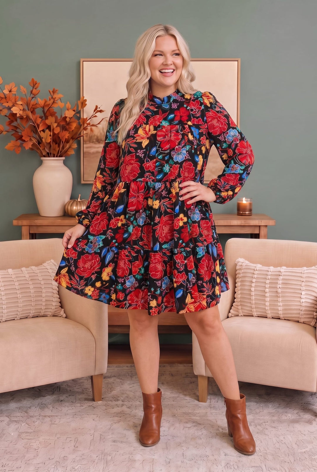 Bold Blooms Black Floral Long Sleeve Tiered Mini Dress | Women&