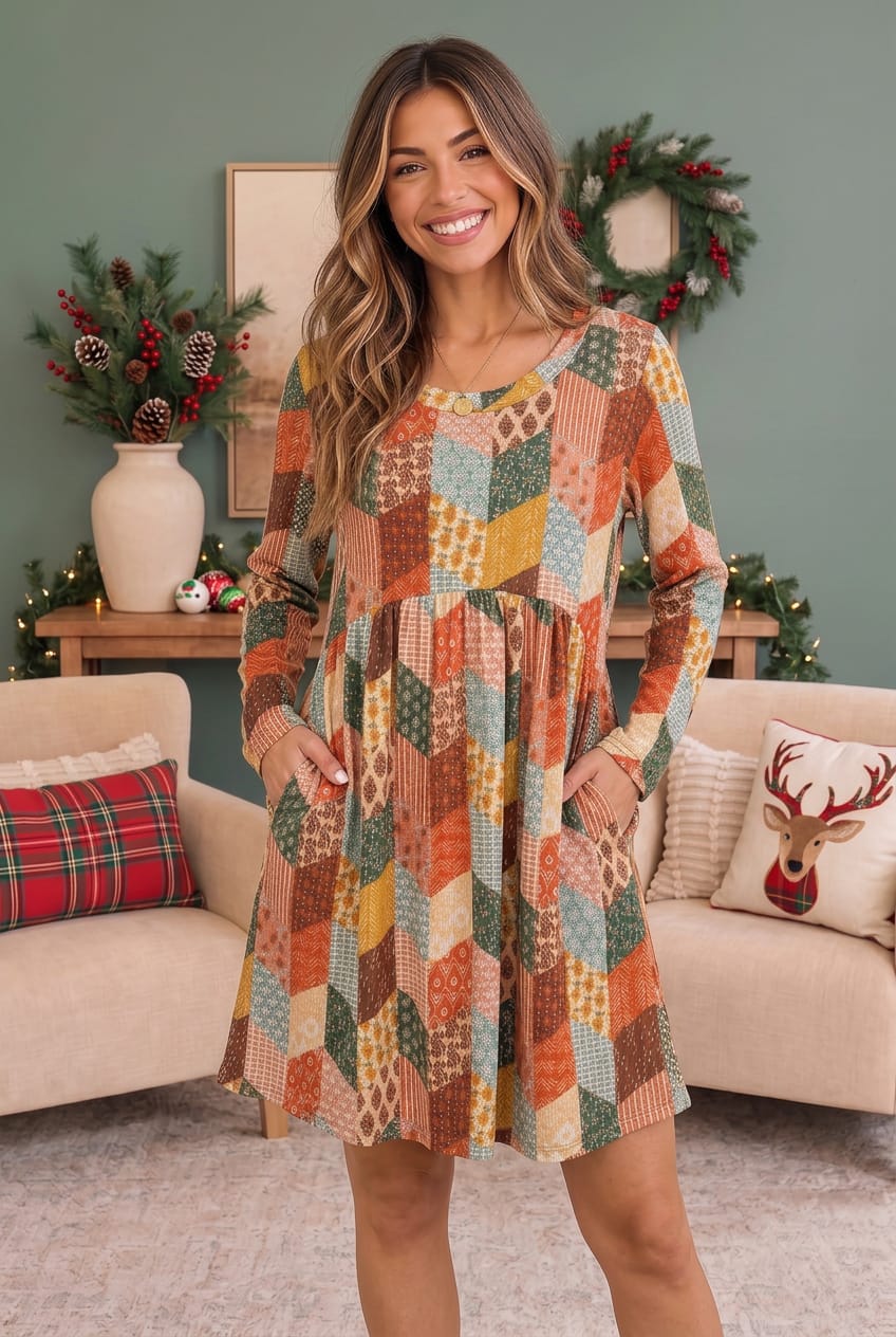 Patchwork Charm Long Sleeve Babydoll Dress - Nikki & Co. Boutique