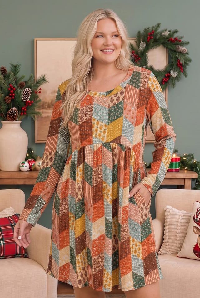 Patchwork Charm Long Sleeve Babydoll Dress - Nikki &amp; Co. Boutique