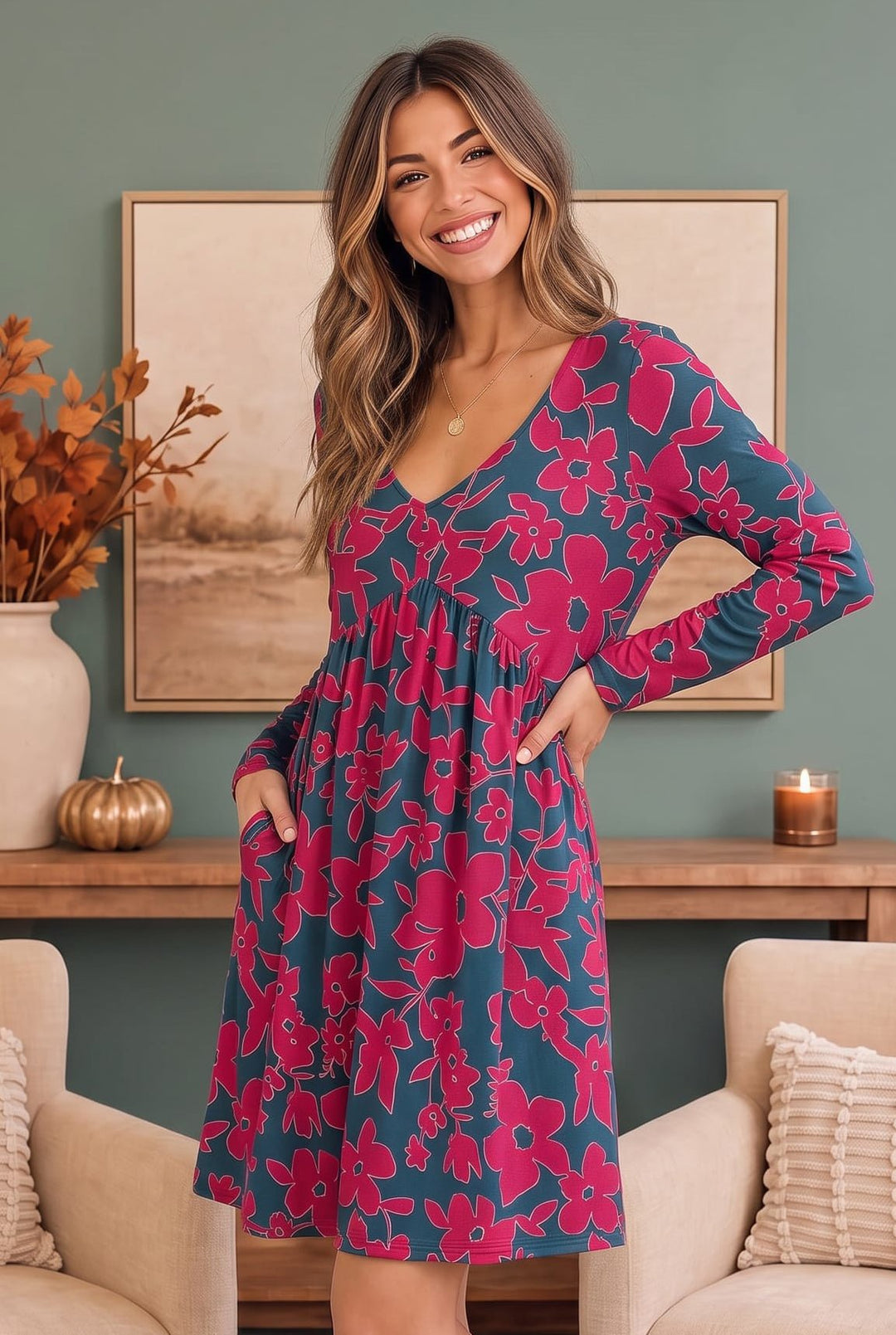 Haptics Teal &amp; Magenta Floral V-Neck Babydoll Dress with Pockets - Nikki &amp; Co. Boutique