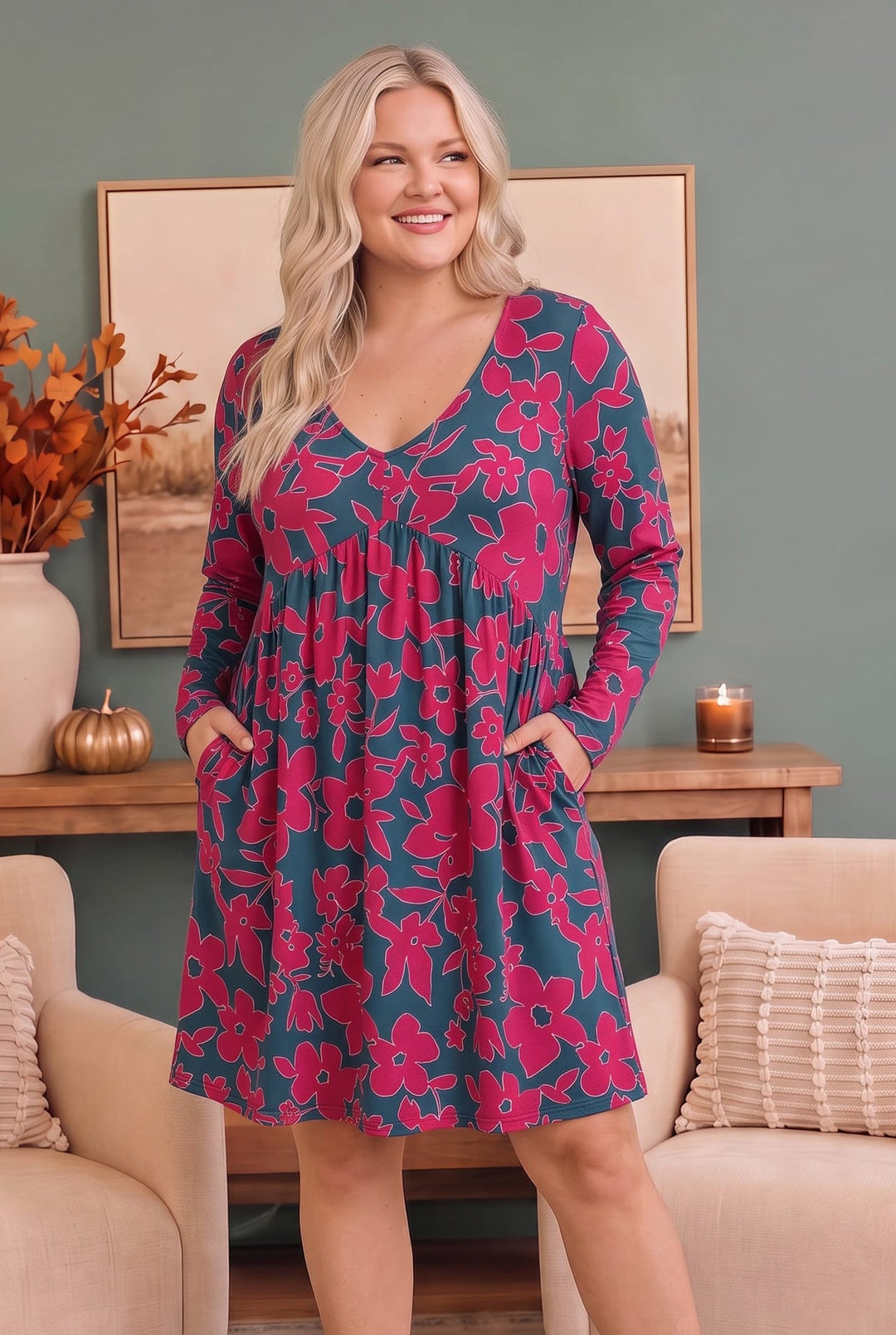 Haptics Teal &amp; Magenta Floral V-Neck Babydoll Dress with Pockets - Nikki &amp; Co. Boutique