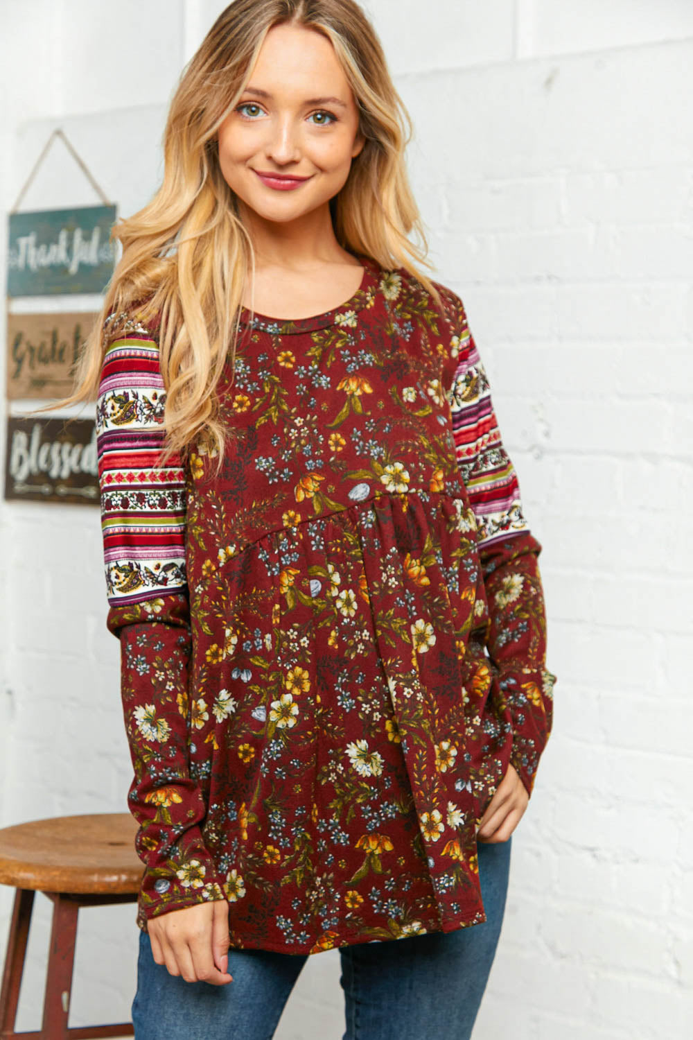 Burgundy Hacci Babydoll Ethnic Sleeve Top | Nikki &amp; Co. Boutique