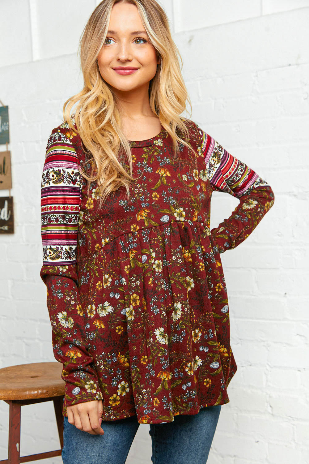 Burgundy Hacci Babydoll Ethnic Sleeve Top | Nikki &amp; Co. Boutique
