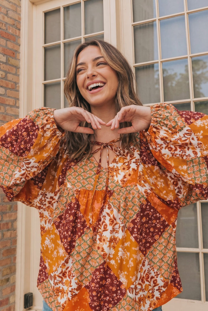Autumn Patchwork Boho Blouse in Rust - Nikki &amp; Co. Boutique
