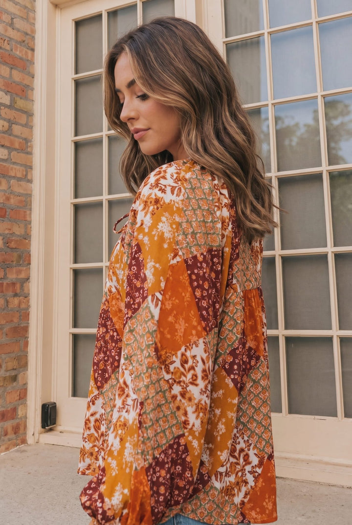 Autumn Patchwork Boho Blouse in Rust - Nikki &amp; Co. Boutique