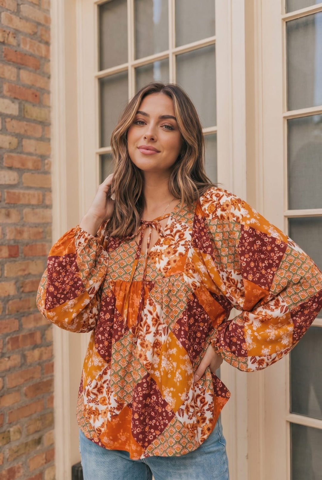 Autumn Patchwork Boho Blouse in Rust - Nikki &amp; Co. Boutique
