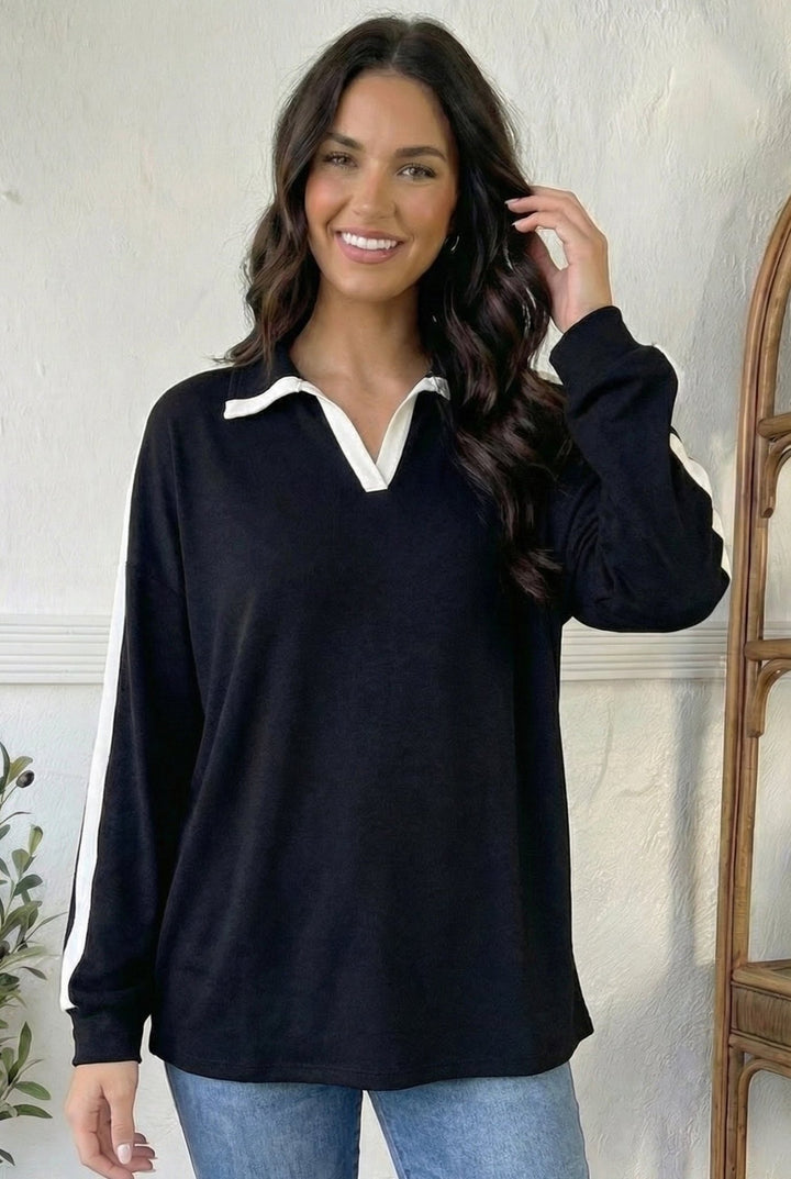 Varsity Vibes Notched Collar Black Top | Nikki &amp; Co. Boutique