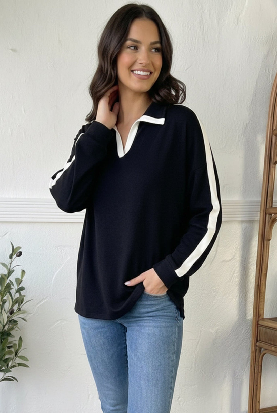 Varsity Vibes Notched Collar Black Top | Nikki &amp; Co. Boutique