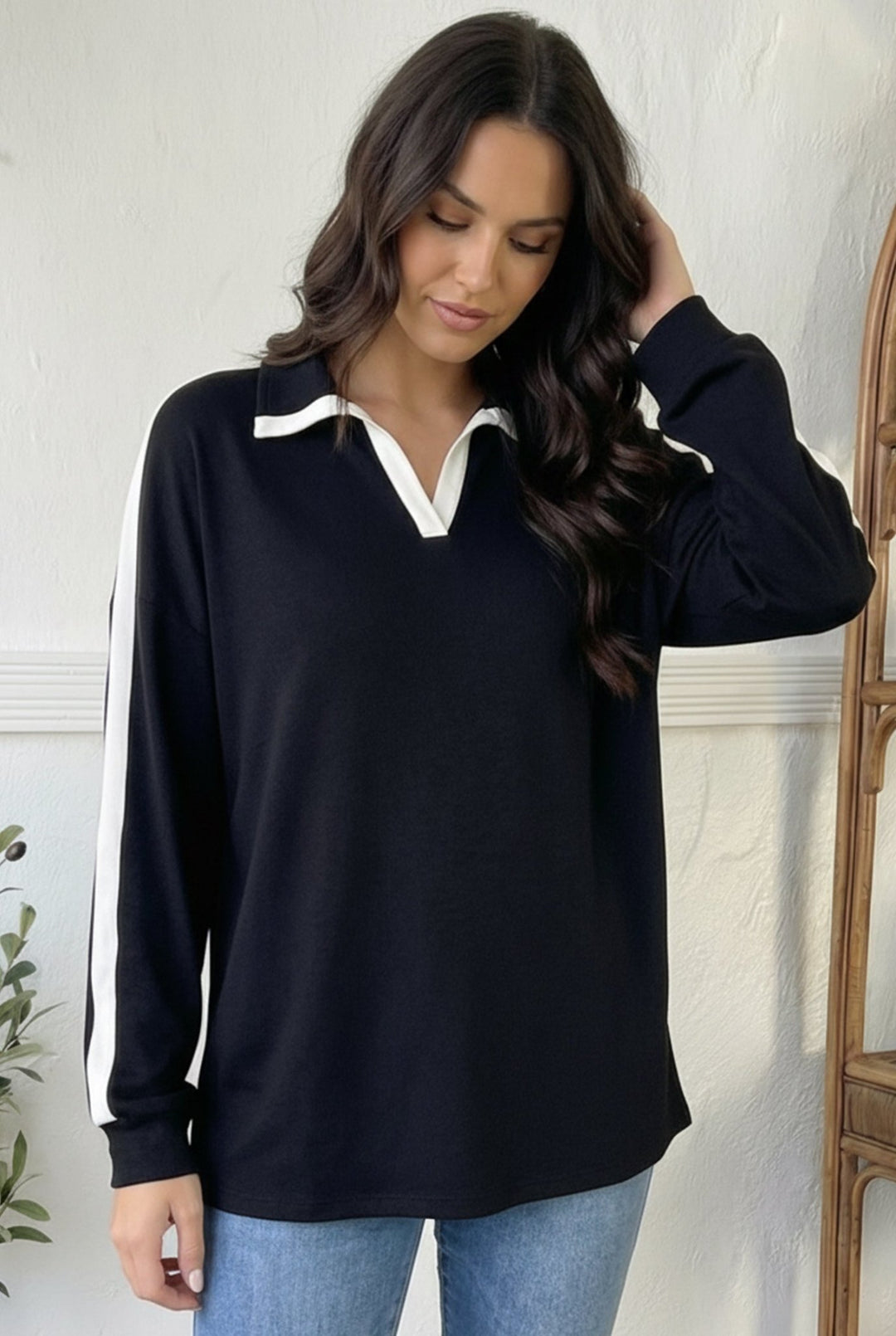 Varsity Vibes Notched Collar Black Top | Nikki &amp; Co. Boutique