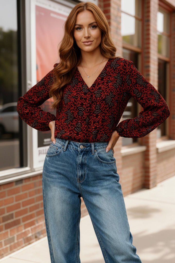 Tangerine Blooms V Neck Blouse | Nikki &amp; Co. Boutique