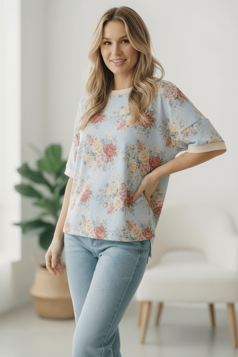 Vintage Bloom Light Blue Boyfriend Tees | Nikki &amp; Co. Boutique