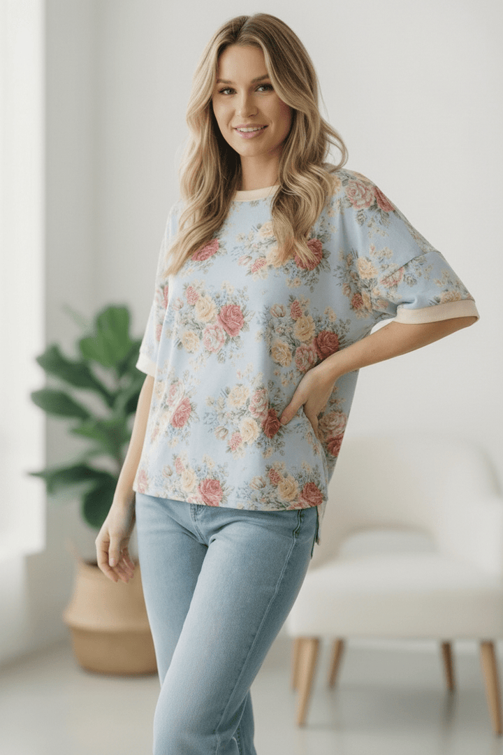Vintage Bloom Light Blue Boyfriend Tees | Nikki &amp; Co. Boutique