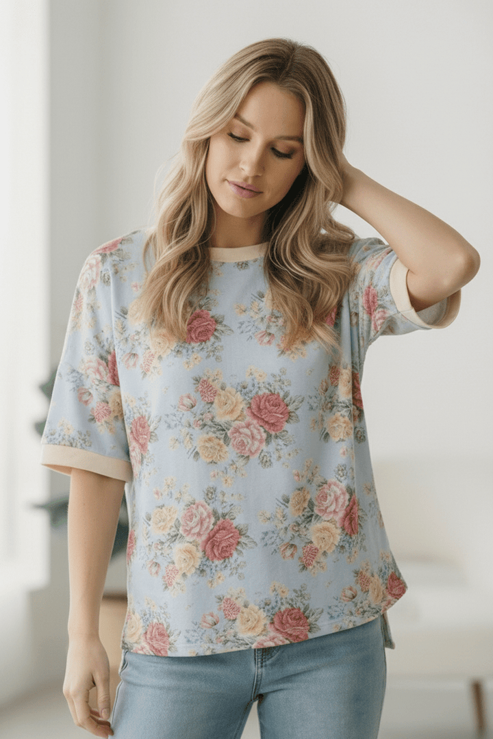 Vintage Bloom Light Blue Boyfriend Tees | Nikki &amp; Co. Boutique