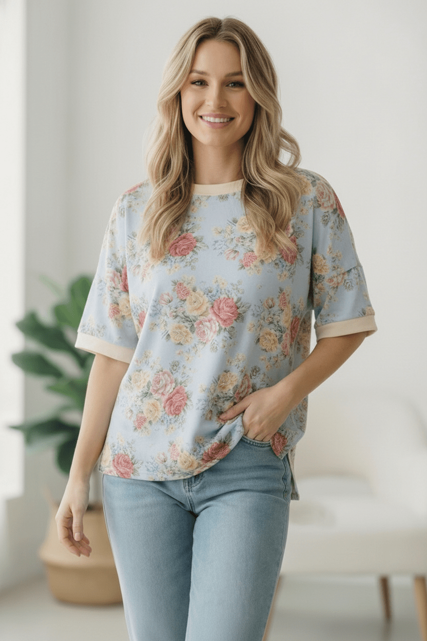 Vintage Bloom Light Blue Boyfriend Tees | Nikki &amp; Co. Boutique