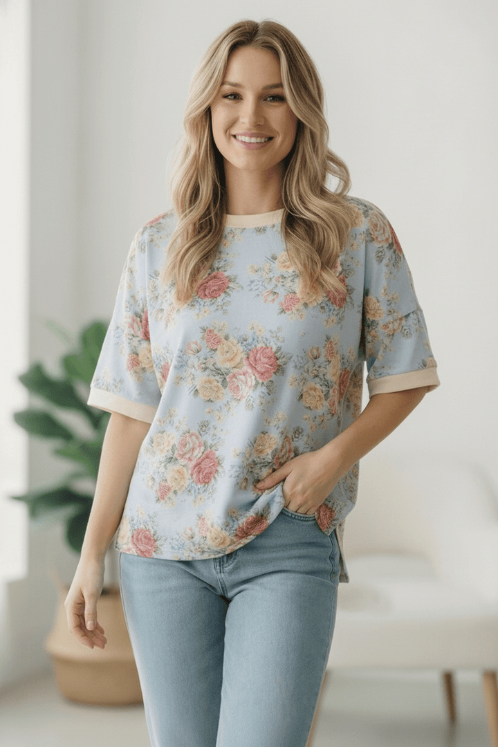 Vintage Bloom Light Blue Boyfriend Tees | Nikki &amp; Co. Boutique