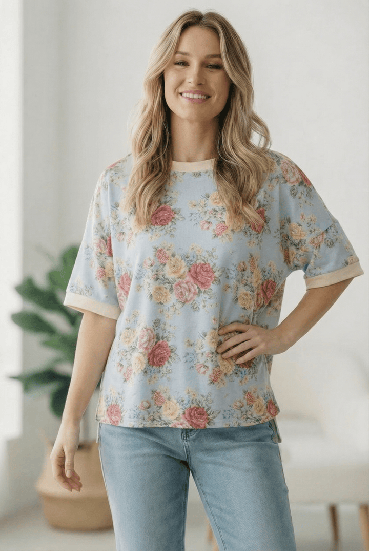 Vintage Bloom Light Blue Boyfriend Tees | Nikki &amp; Co. Boutique