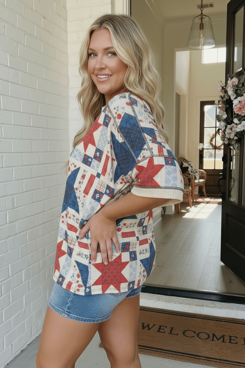 Stars and Patches Quilted Print Top - Nikki &amp; Co. Boutique