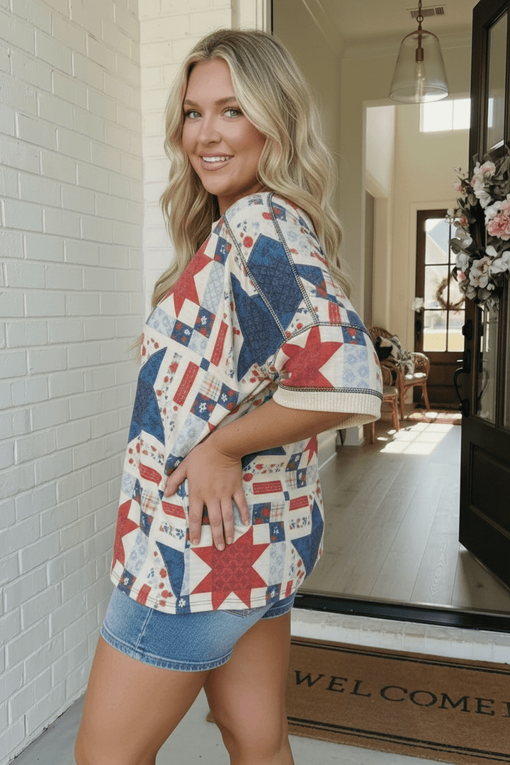 Stars and Patches Quilted Print Top - Nikki &amp; Co. Boutique