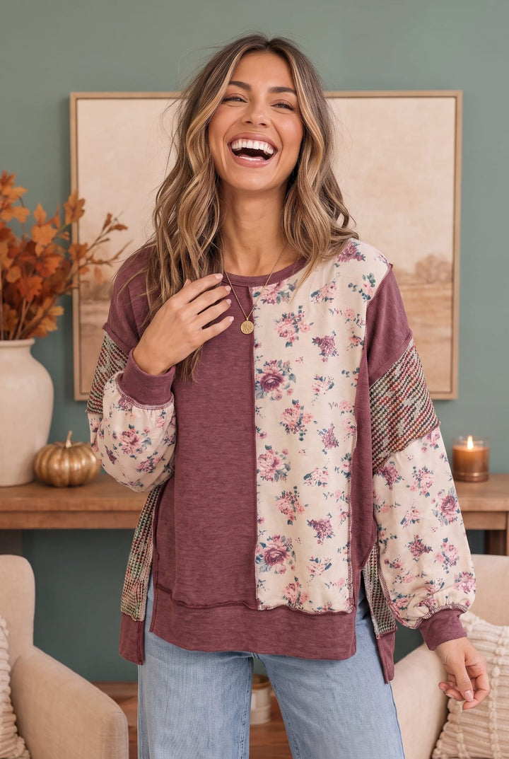 Haptics Mauve Floral Patchwork Sweatshirt with Striped Sleeves - Nikki &amp; Co. Boutique