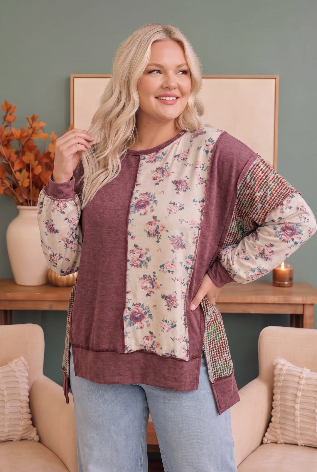Haptics Mauve Floral Patchwork Sweatshirt with Striped Sleeves - Nikki &amp; Co. Boutique
