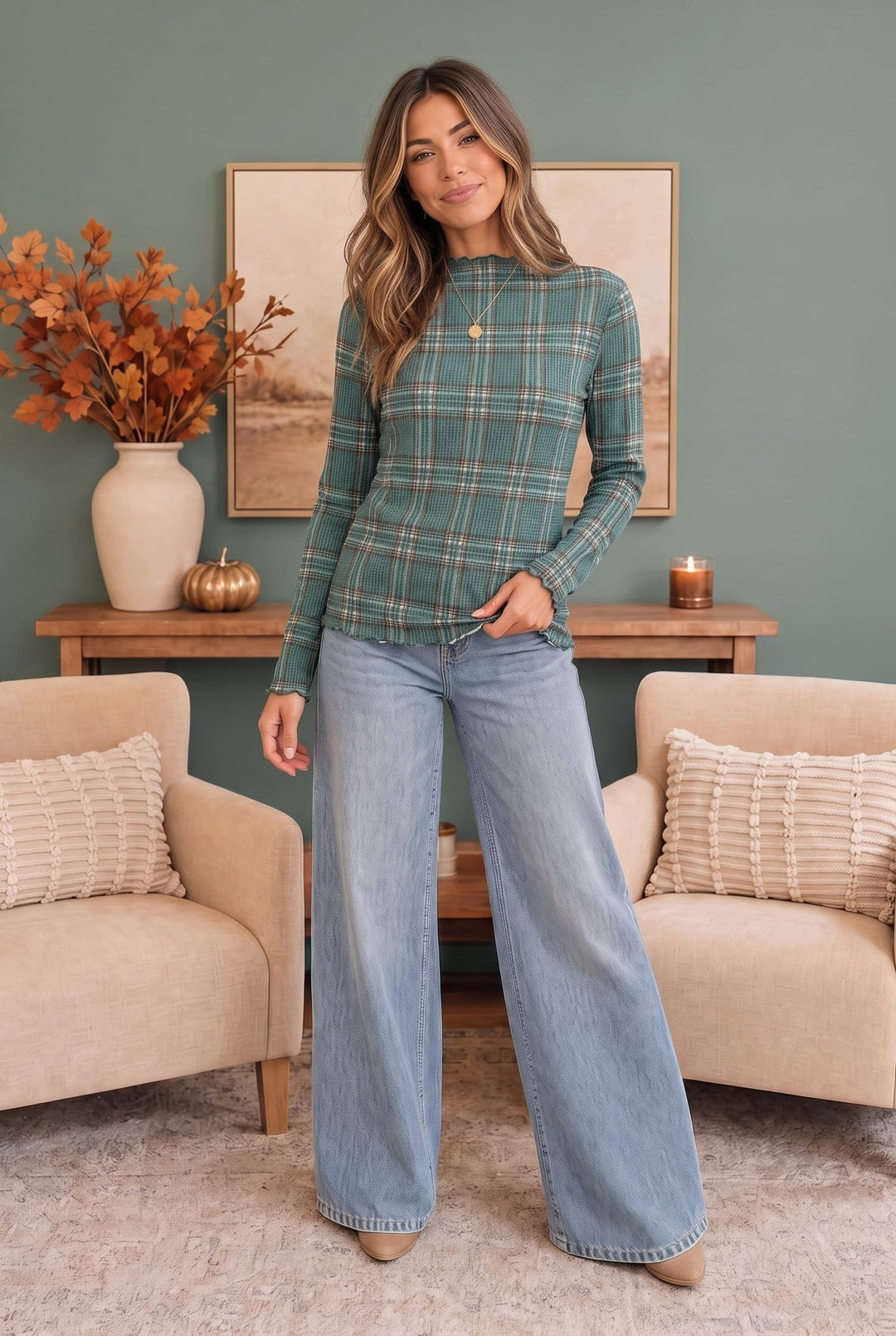 Haptics Hunter Green Plaid Ribbed Mock Neck Top - Nikki &amp; Co. Boutique