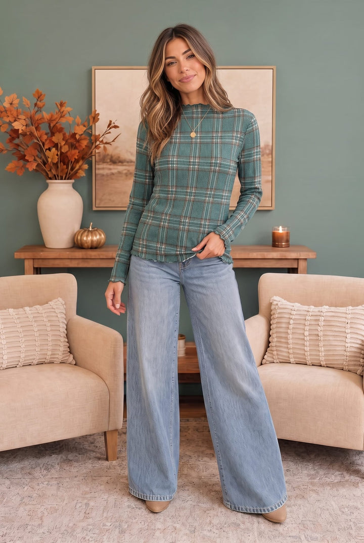 Haptics Hunter Green Plaid Ribbed Mock Neck Top - Nikki &amp; Co. Boutique
