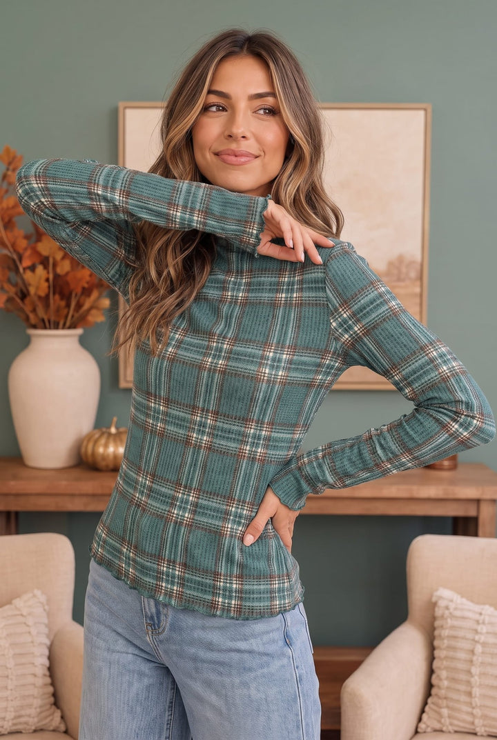 Haptics Hunter Green Plaid Ribbed Mock Neck Top - Nikki &amp; Co. Boutique