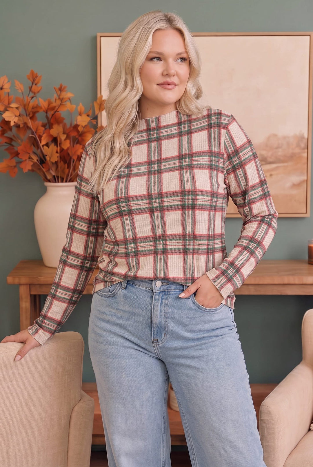 Haptics Ivory Plaid Waffle Knit Long Sleeve Top - Nikki &amp; Co. Boutique