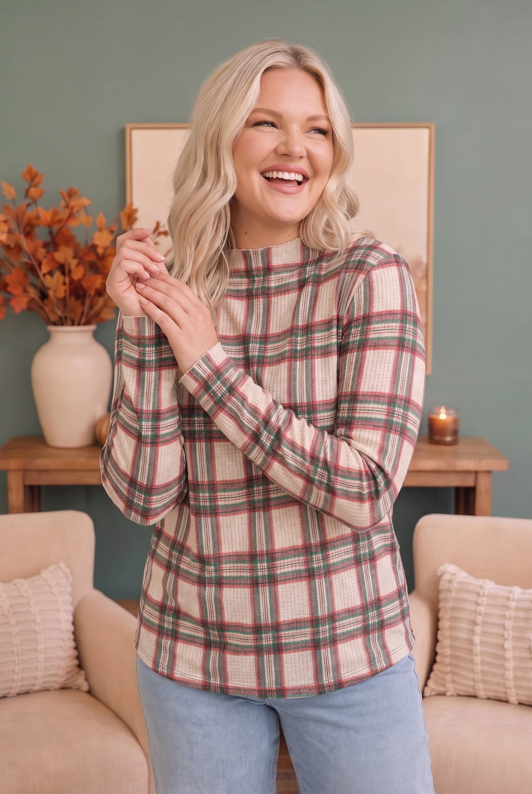 Haptics Ivory Plaid Waffle Knit Long Sleeve Top - Nikki &amp; Co. Boutique