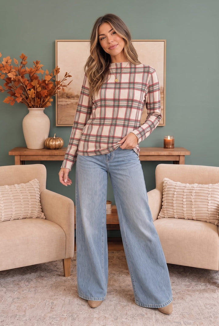Haptics Ivory Plaid Waffle Knit Long Sleeve Top - Nikki &amp; Co. Boutique
