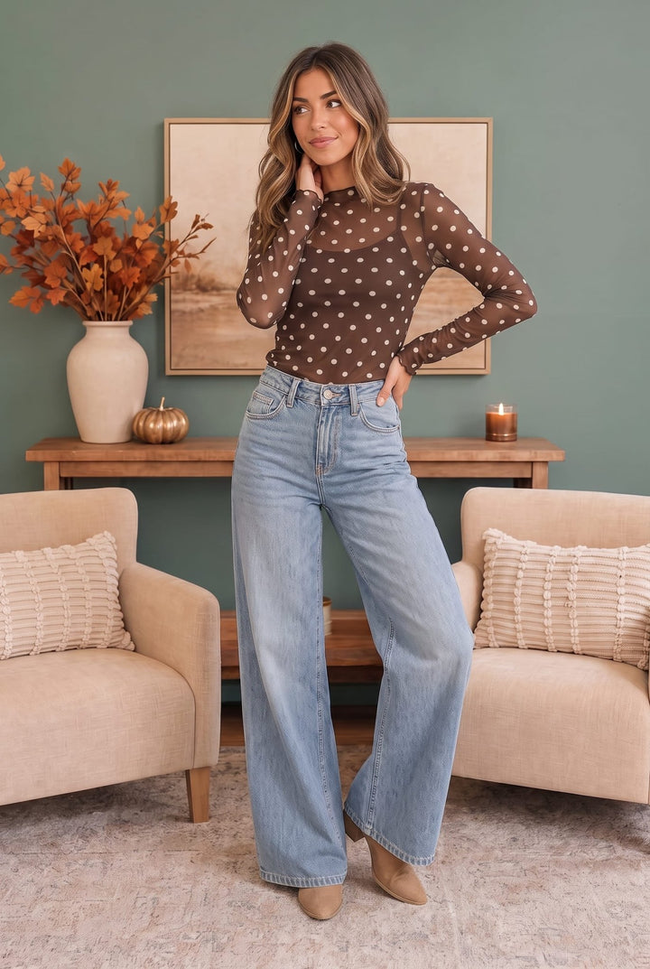 Dotted Dreams Sheer Mesh Mock Neck Top - Nikki &amp; Co. Boutique