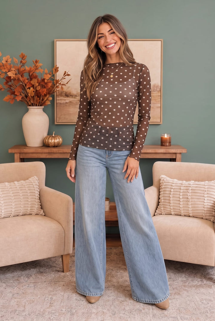 Dotted Dreams Sheer Mesh Mock Neck Top - Nikki &amp; Co. Boutique