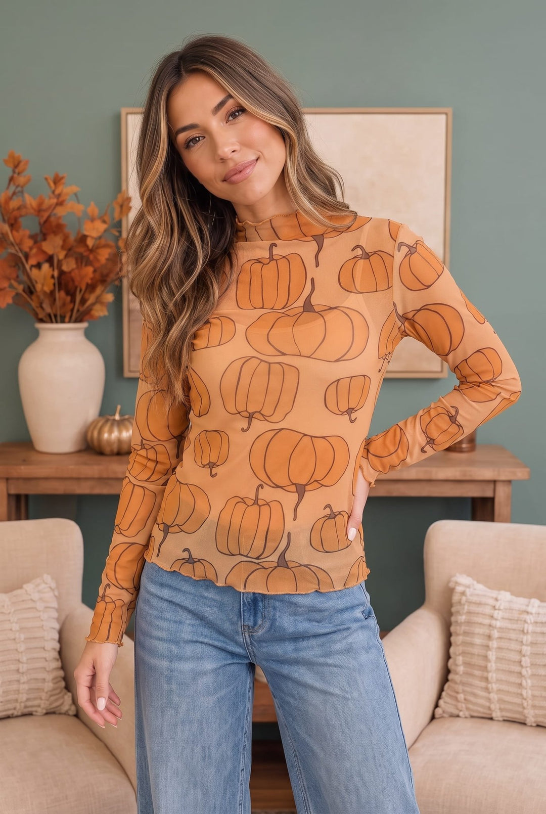 Pumpkin Patch Mesh Mock Neck Top - Nikki &amp; Co. Boutique