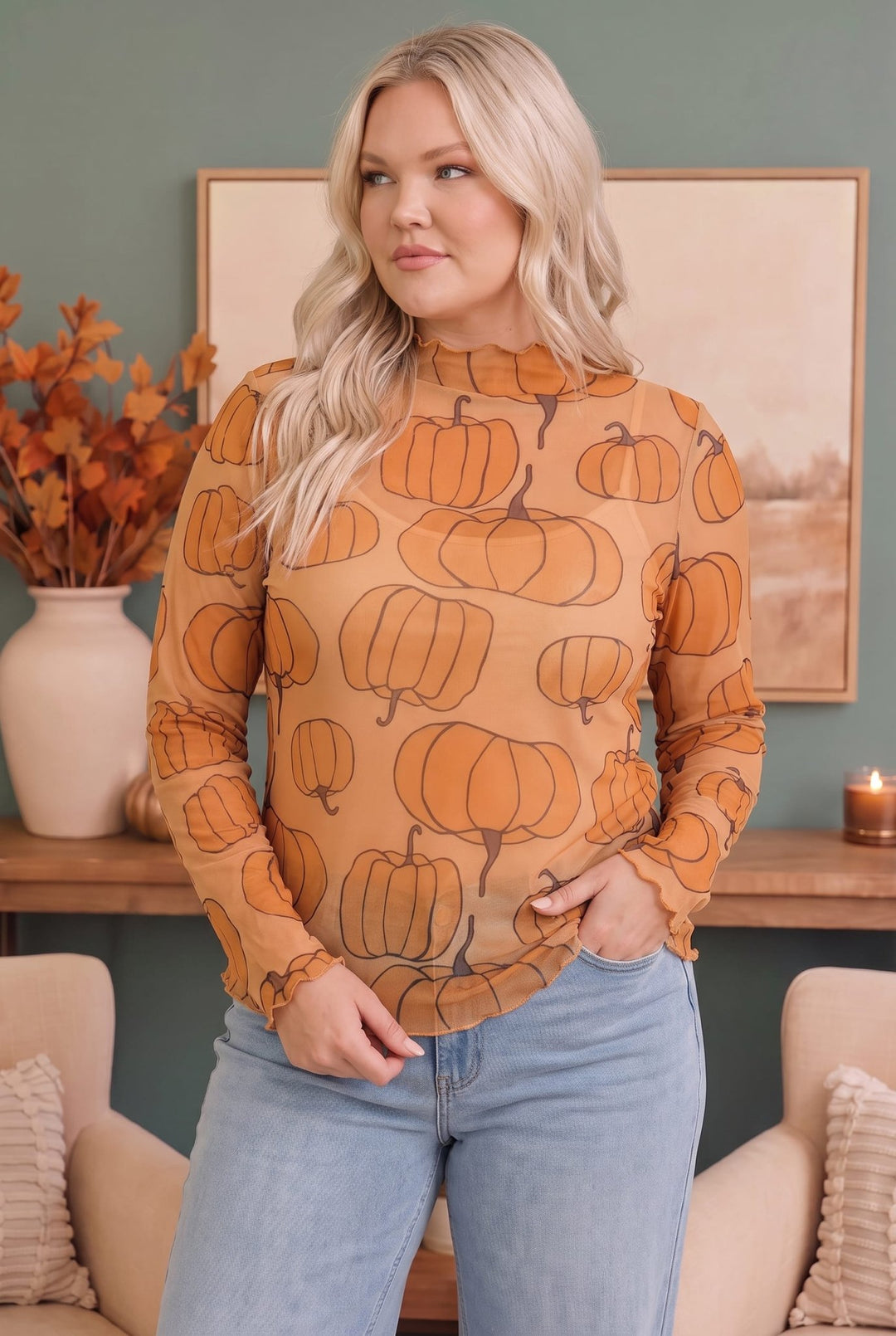 Pumpkin Patch Mesh Mock Neck Top - Nikki &amp; Co. Boutique